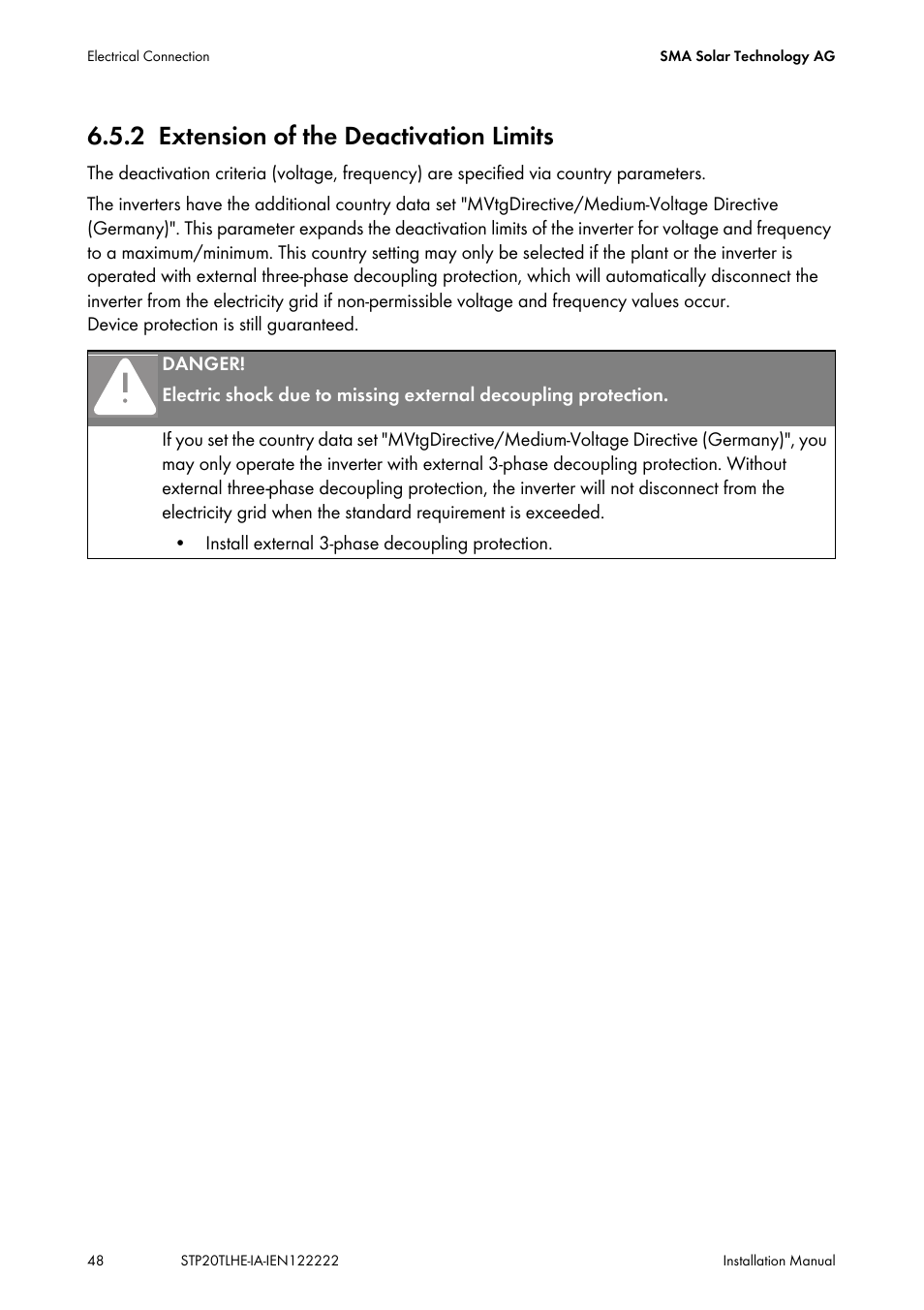 2 extension of the deactivation limits, Extension of the deactivation limits | SMA STP 15000TL Installation User Manual | Page 48 / 96