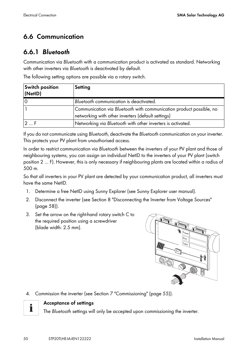 6 communication, 1 bluetooth, Communication | Bluetooth, 6 communication 6.6.1 bluetooth | SMA STP 15000TL Installation User Manual | Page 50 / 96