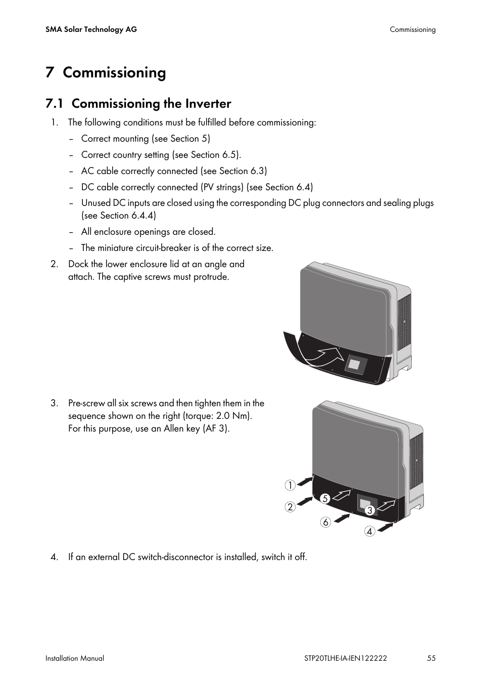 7 commissioning, 1 commissioning the inverter, Commissioning | Commissioning the inverter | SMA STP 15000TL Installation User Manual | Page 55 / 96