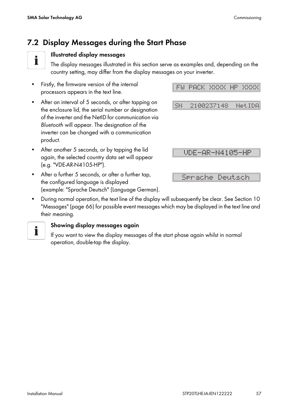2 display messages during the start phase, Display messages during the start phase, Sprache deutsch | SMA STP 15000TL Installation User Manual | Page 57 / 96