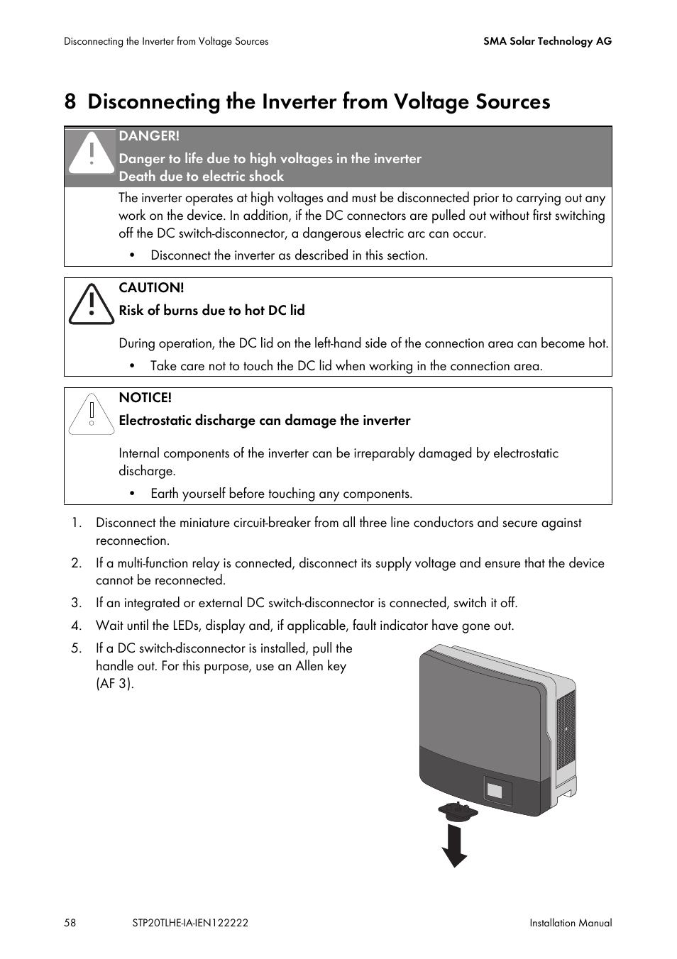 8 disconnecting the inverter from voltage sources, Disconnecting the inverter from voltage sources | SMA STP 15000TL Installation User Manual | Page 58 / 96