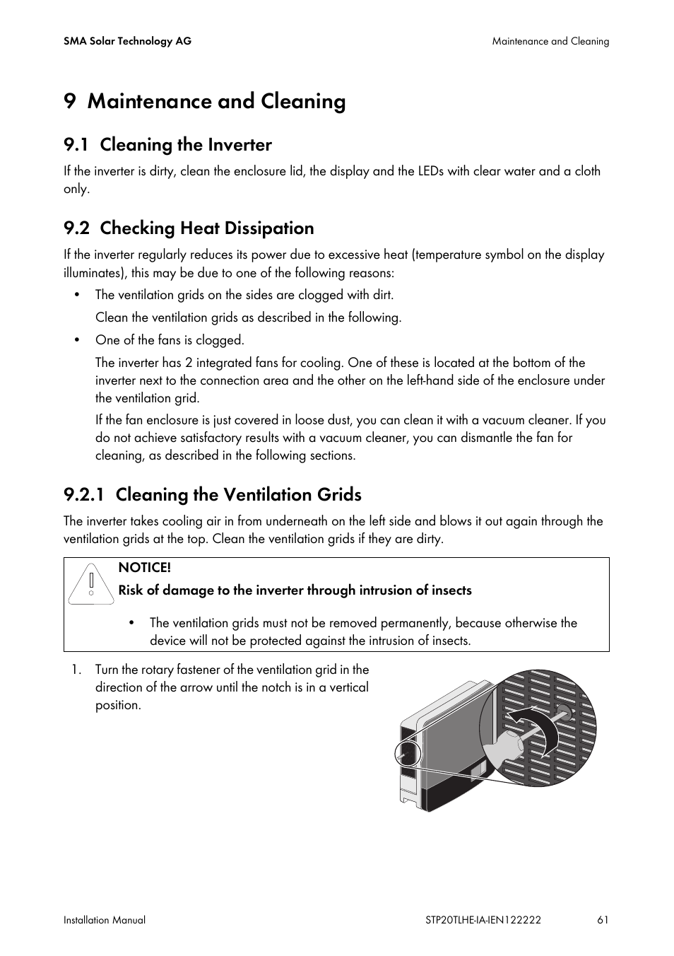 9 maintenance and cleaning, 1 cleaning the inverter, 2 checking heat dissipation | 1 cleaning the ventilation grids, Maintenance and cleaning, Cleaning the inverter, Checking heat dissipation, Cleaning the ventilation grids | SMA STP 15000TL Installation User Manual | Page 61 / 96