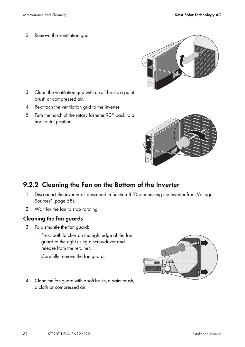 2 cleaning the fan on the bottom of the inverter, Cleaning the fan on the bottom of the inverter | SMA STP 15000TL Installation User Manual | Page 62 / 96