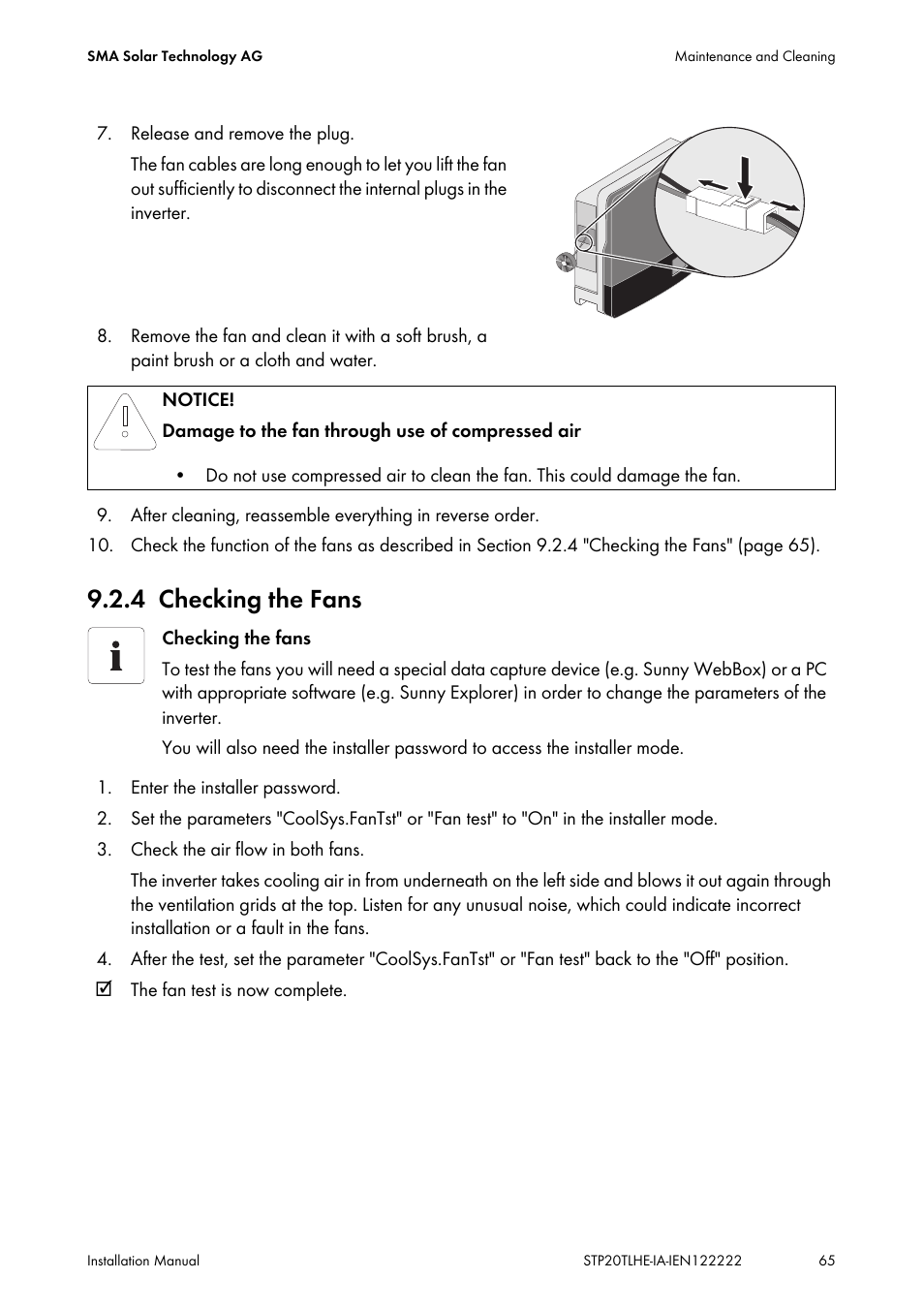 4 checking the fans, Checking the fans | SMA STP 15000TL Installation User Manual | Page 65 / 96