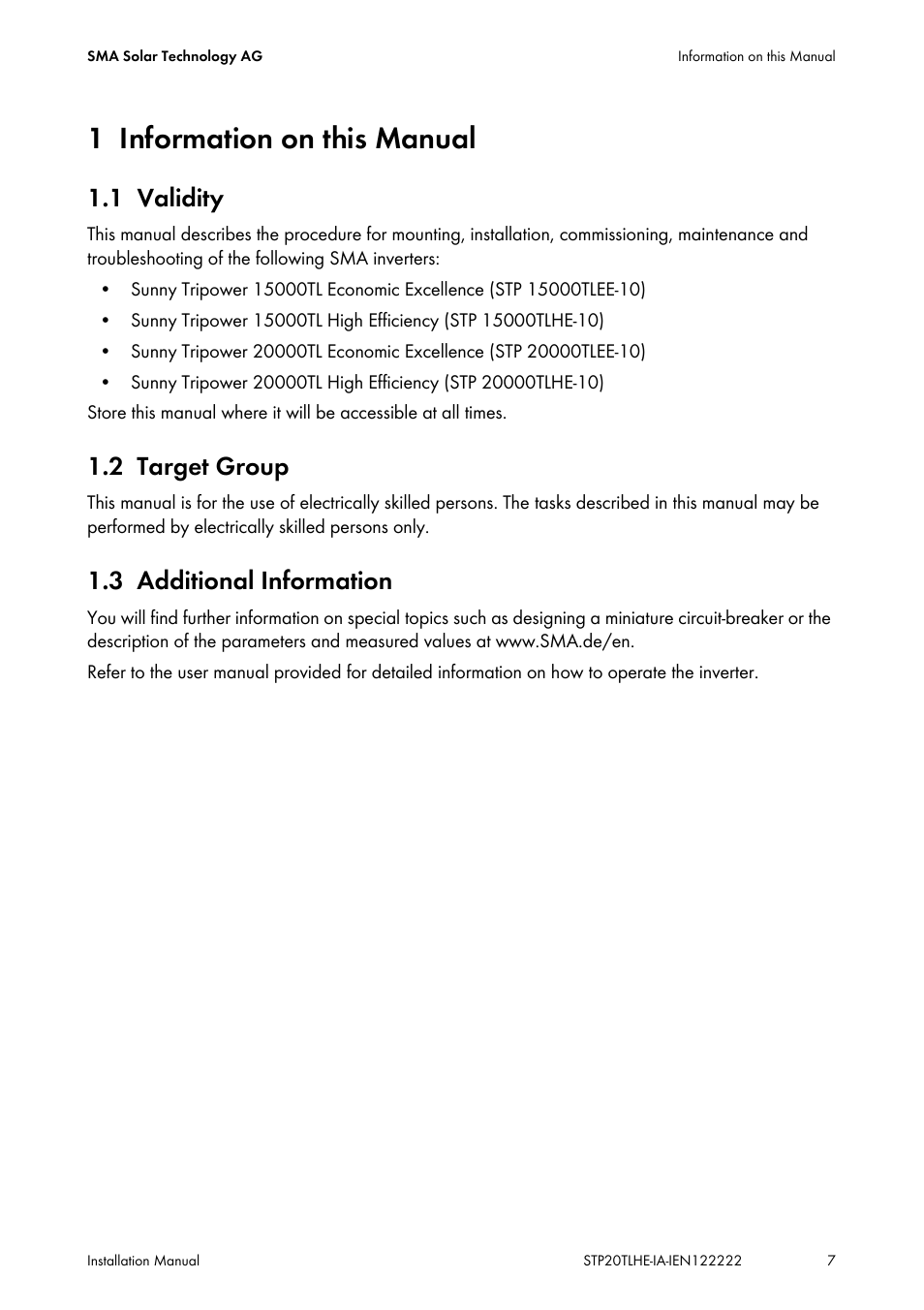 1 information on this manual, 1 validity, 2 target group | 3 additional information, Information on this manual, Validity, Target group, Additional information | SMA STP 15000TL Installation User Manual | Page 7 / 96