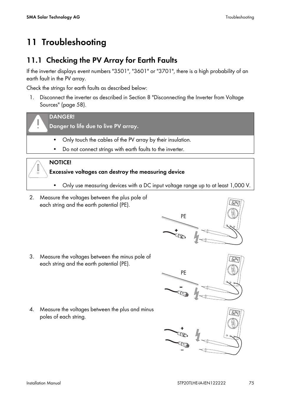 11 troubleshooting, 1 checking the pv array for earth faults, Troubleshooting | Checking the pv array for earth faults | SMA STP 15000TL Installation User Manual | Page 75 / 96