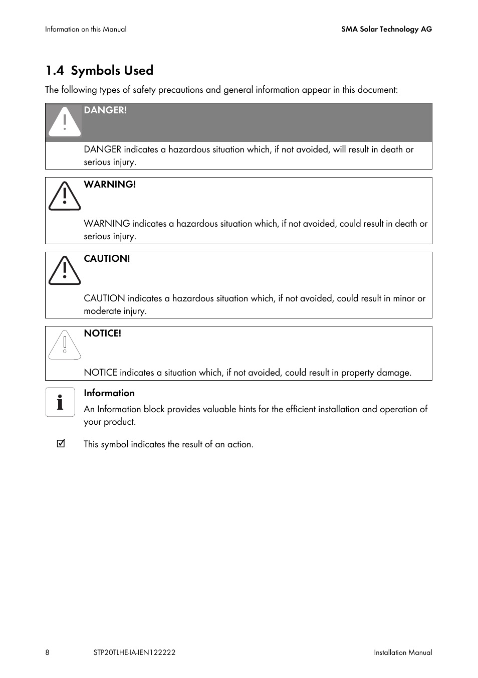 4 symbols used, Symbols used | SMA STP 15000TL Installation User Manual | Page 8 / 96