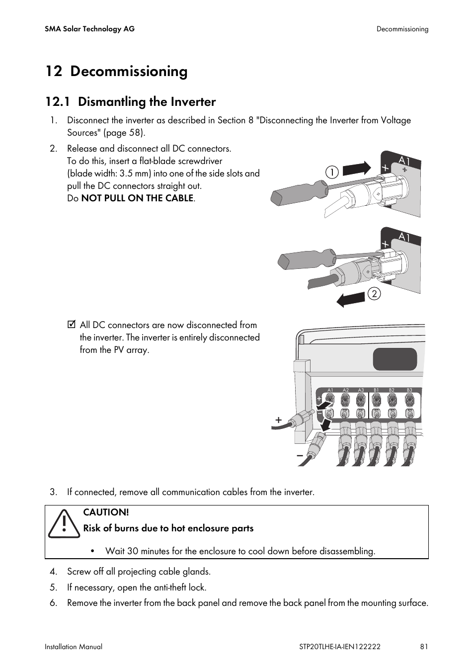 12 decommissioning, 1 dismantling the inverter, Decommissioning | Dismantling the inverter | SMA STP 15000TL Installation User Manual | Page 81 / 96