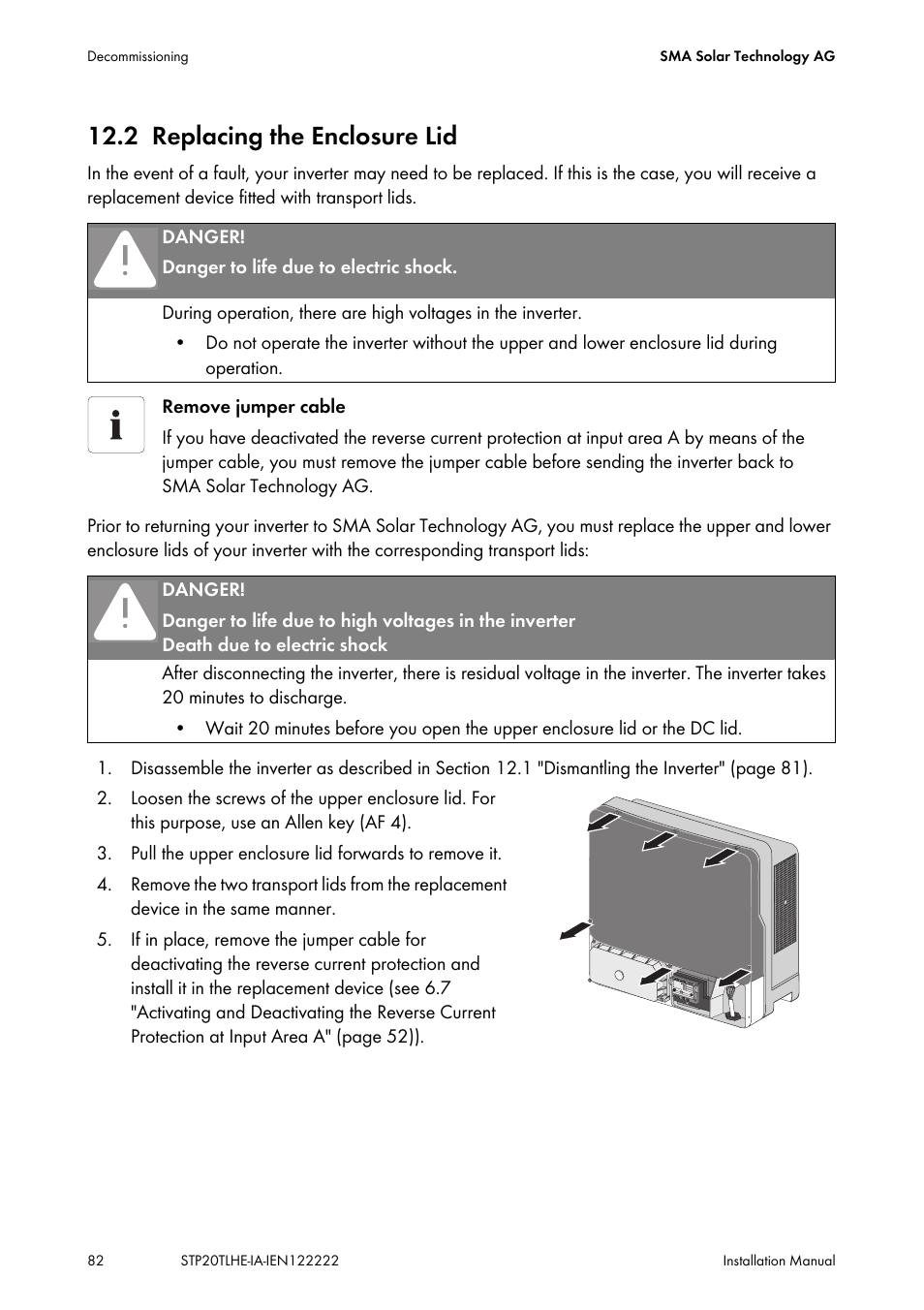 2 replacing the enclosure lid, Replacing the enclosure lid | SMA STP 15000TL Installation User Manual | Page 82 / 96