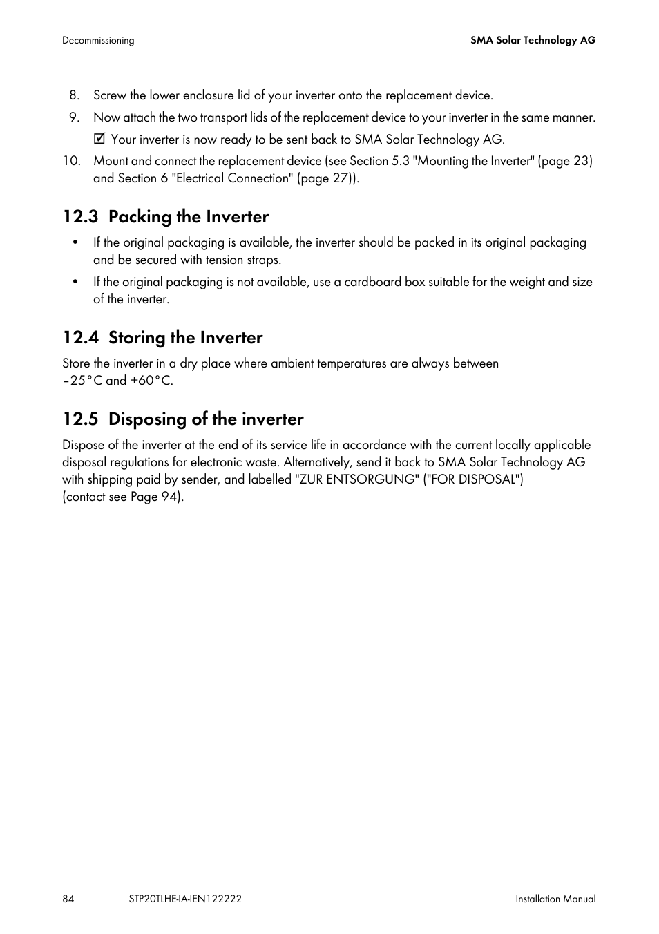 3 packing the inverter, 4 storing the inverter, 5 disposing of the inverter | Packing the inverter, Storing the inverter, Disposing of the inverter | SMA STP 15000TL Installation User Manual | Page 84 / 96