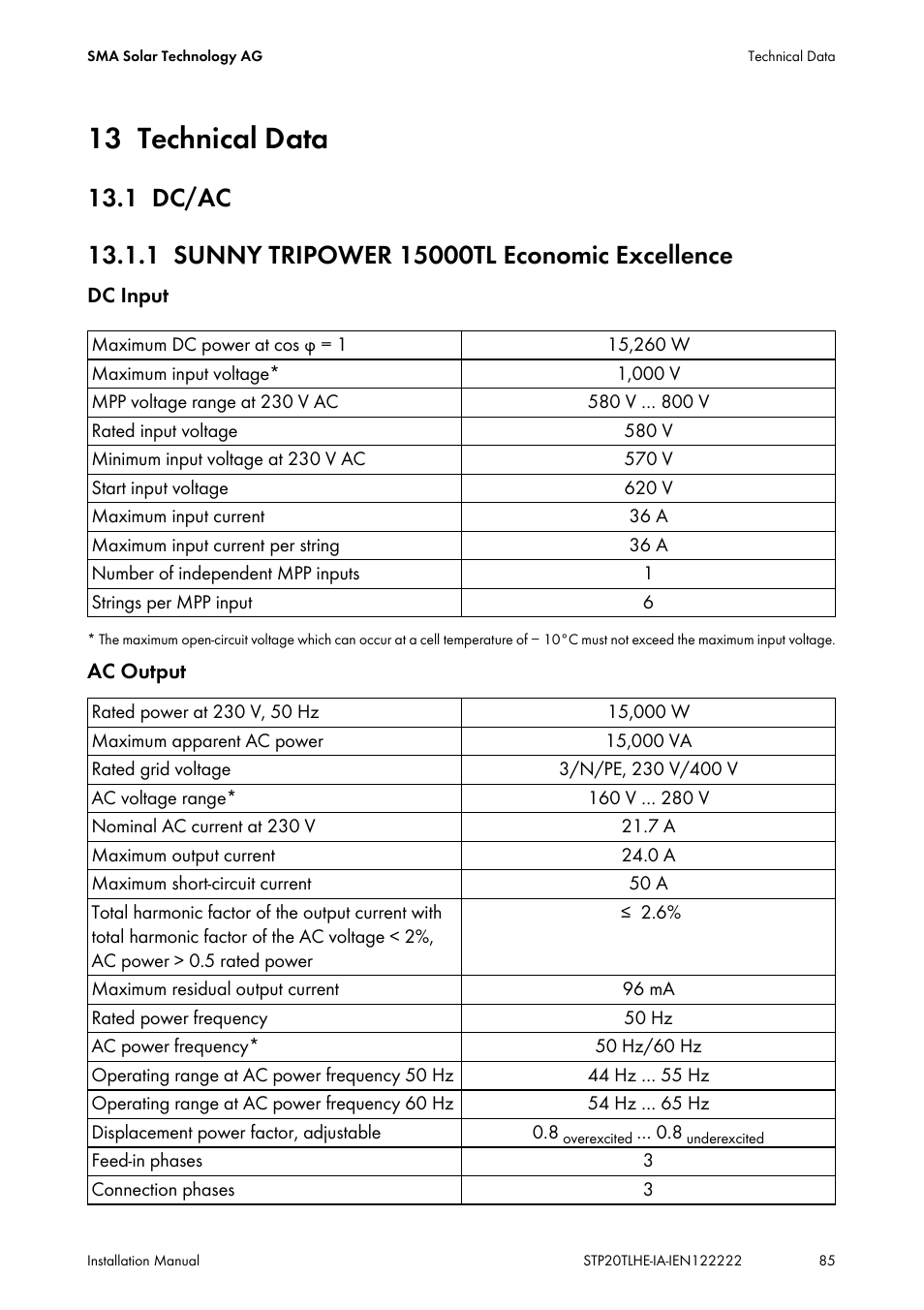 13 technical data, 1 dc/ac, 1 sunny tripower 15000tl economic excellence | Technical data, Dc/ac, Sunny tripower 15000tl economic excellence | SMA STP 15000TL Installation User Manual | Page 85 / 96