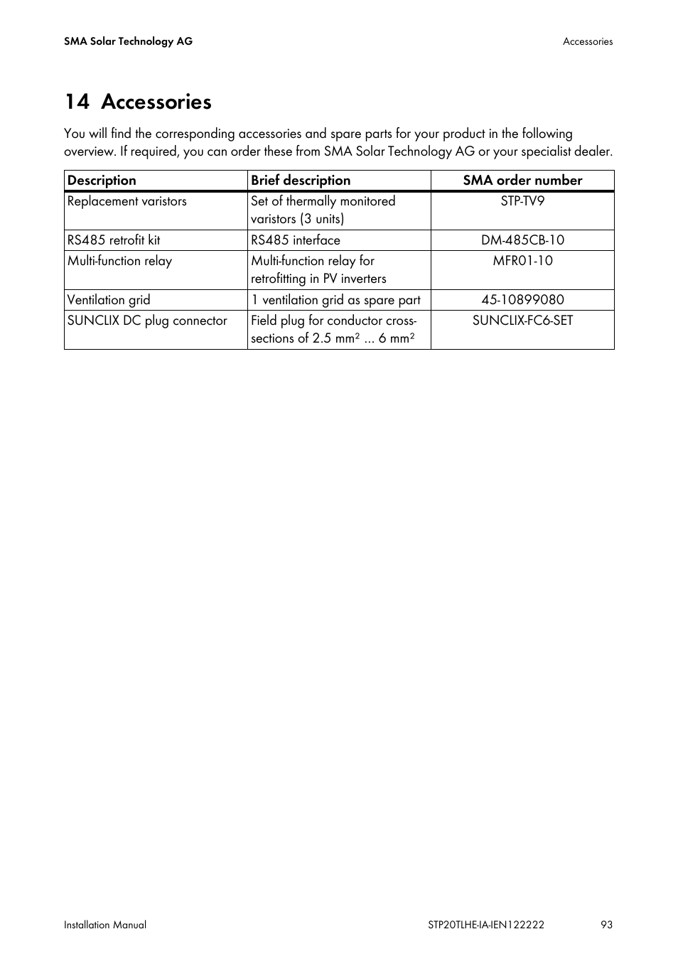 14 accessories, Accessories | SMA STP 15000TL Installation User Manual | Page 93 / 96