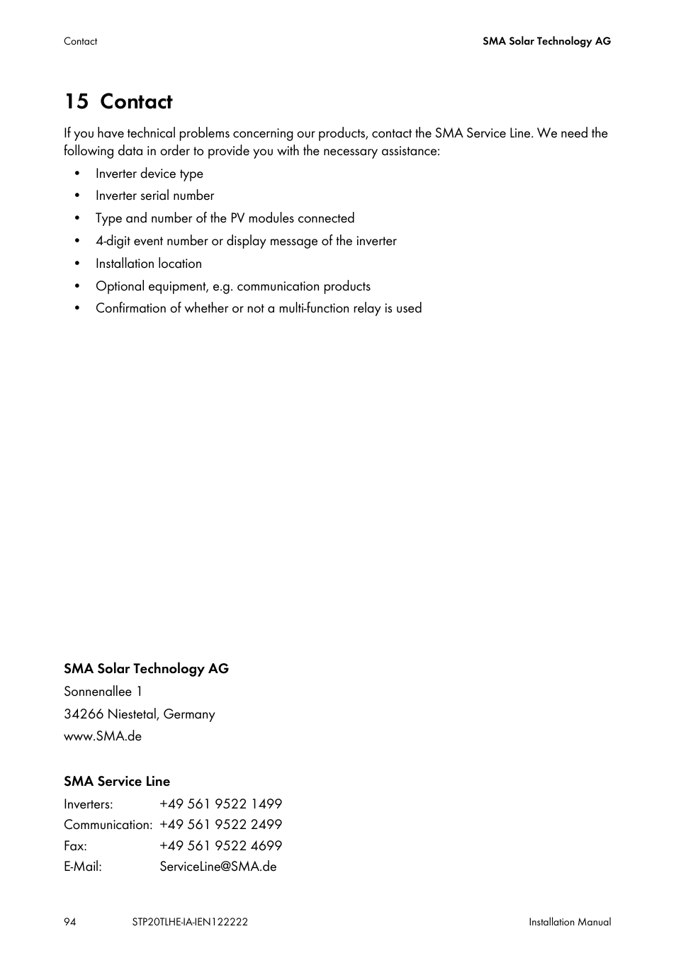 15 contact, Contact | SMA STP 15000TL Installation User Manual | Page 94 / 96