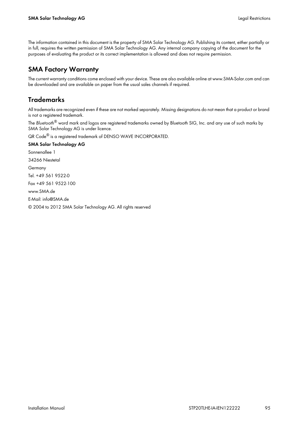 Sma factory warranty, Trademarks | SMA STP 15000TL Installation User Manual | Page 95 / 96