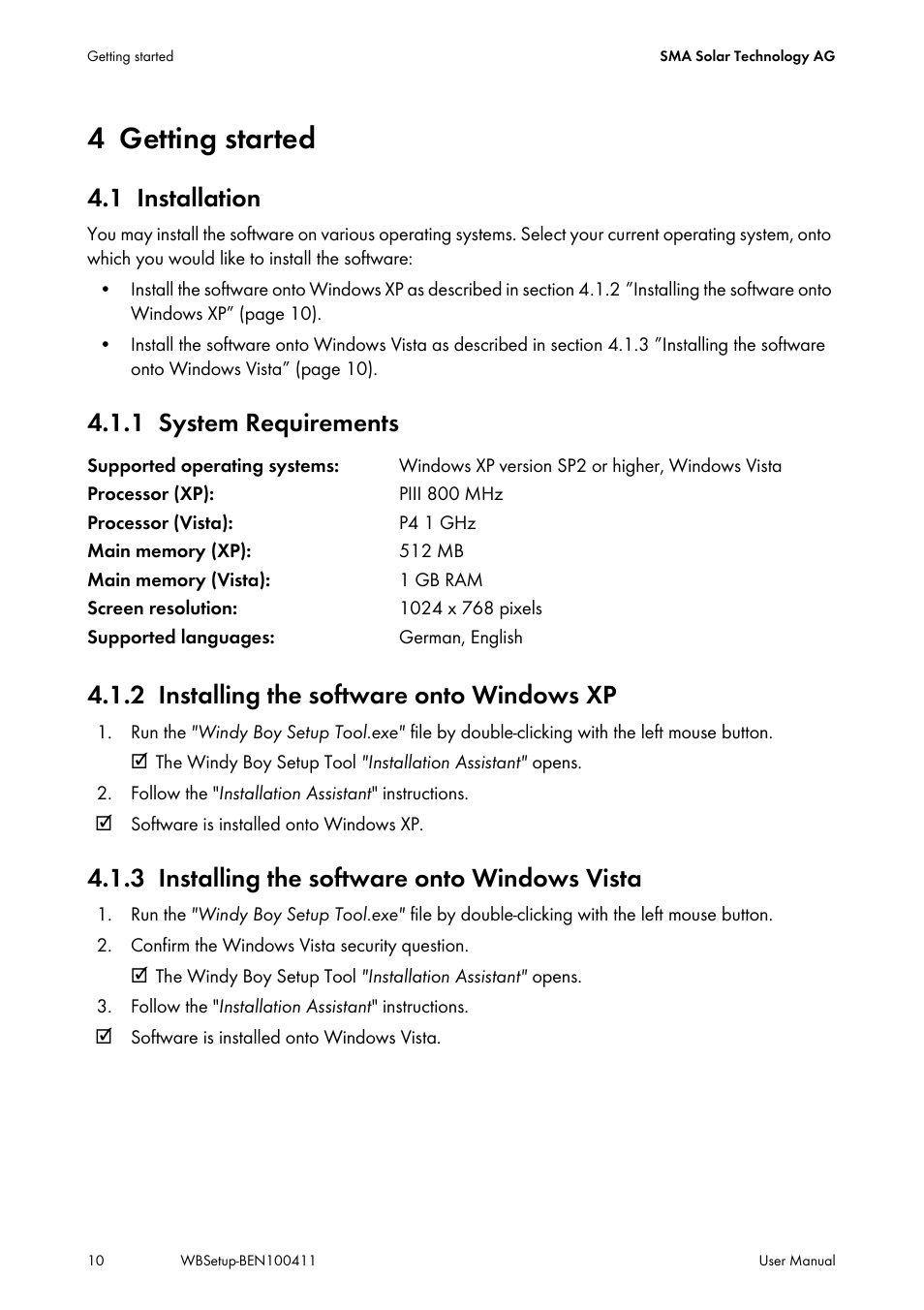 4 getting started, 1 installation, 1 system requirements | 2 installing the software onto windows xp, 3 installing the software onto windows vista, Getting started, Installation, System requirements, Installing the software onto windows xp, Installing the software onto windows vista | SMA WINDY BOY User Manual | Page 10 / 22