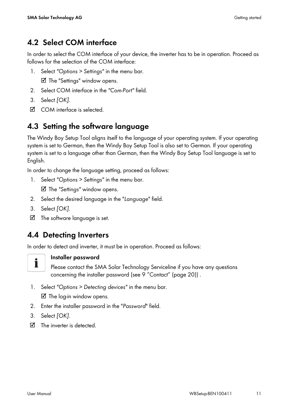 2 select com interface, 3 setting the software language, 4 detecting inverters | Select com interface, Setting the software language, Detecting inverters | SMA WINDY BOY User Manual | Page 11 / 22