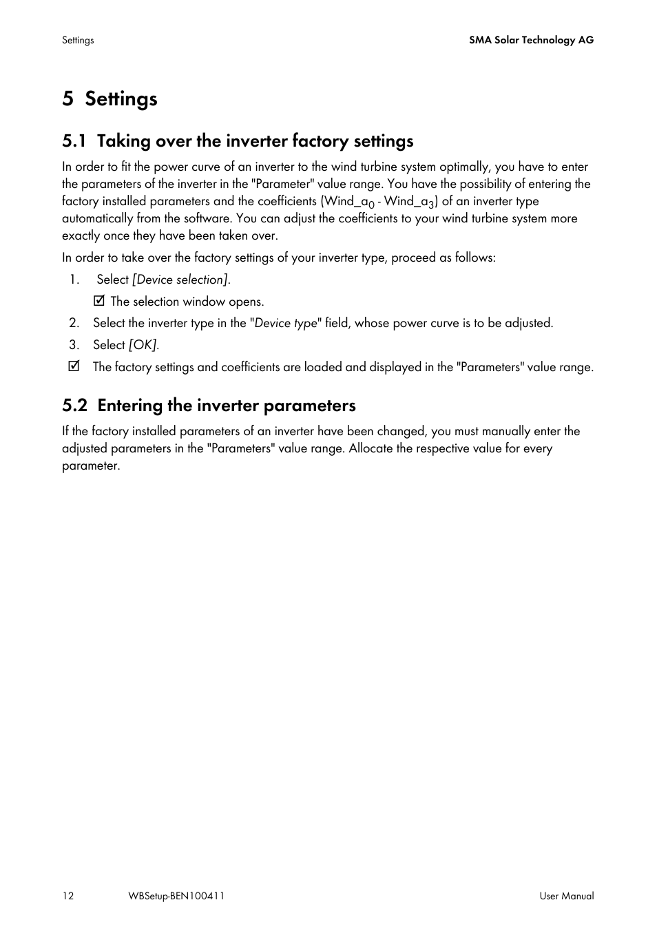 5 settings, 1 taking over the inverter factory settings, 2 entering the inverter parameters | Settings, Taking over the inverter factory settings, Entering the inverter parameters | SMA WINDY BOY User Manual | Page 12 / 22