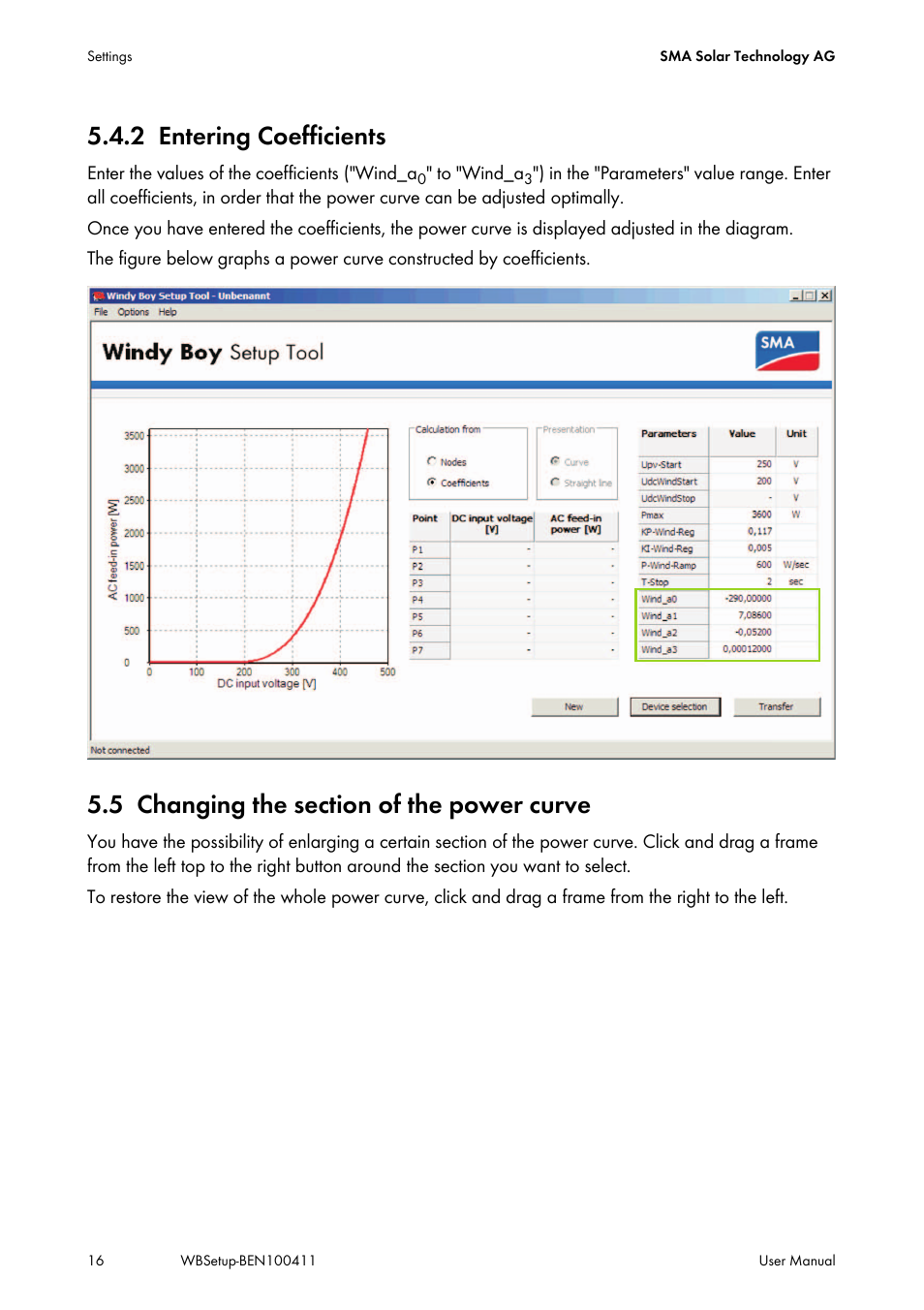 2 entering coefficients, 5 changing the section of the power curve, Entering coefficients | Changing the section of the power curve | SMA WINDY BOY User Manual | Page 16 / 22