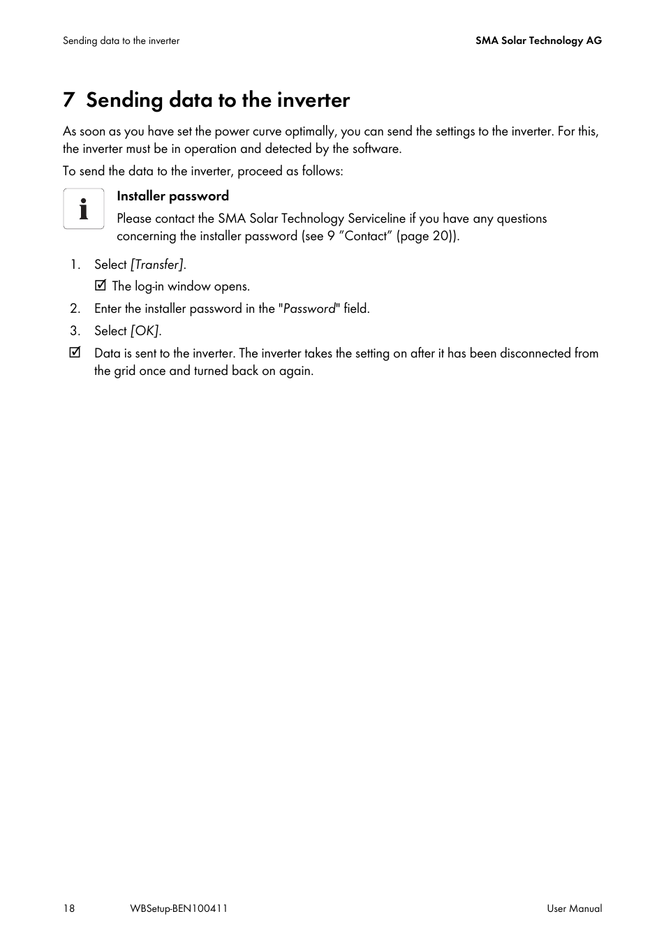 7 sending data to the inverter, Sending data to the inverter | SMA WINDY BOY User Manual | Page 18 / 22