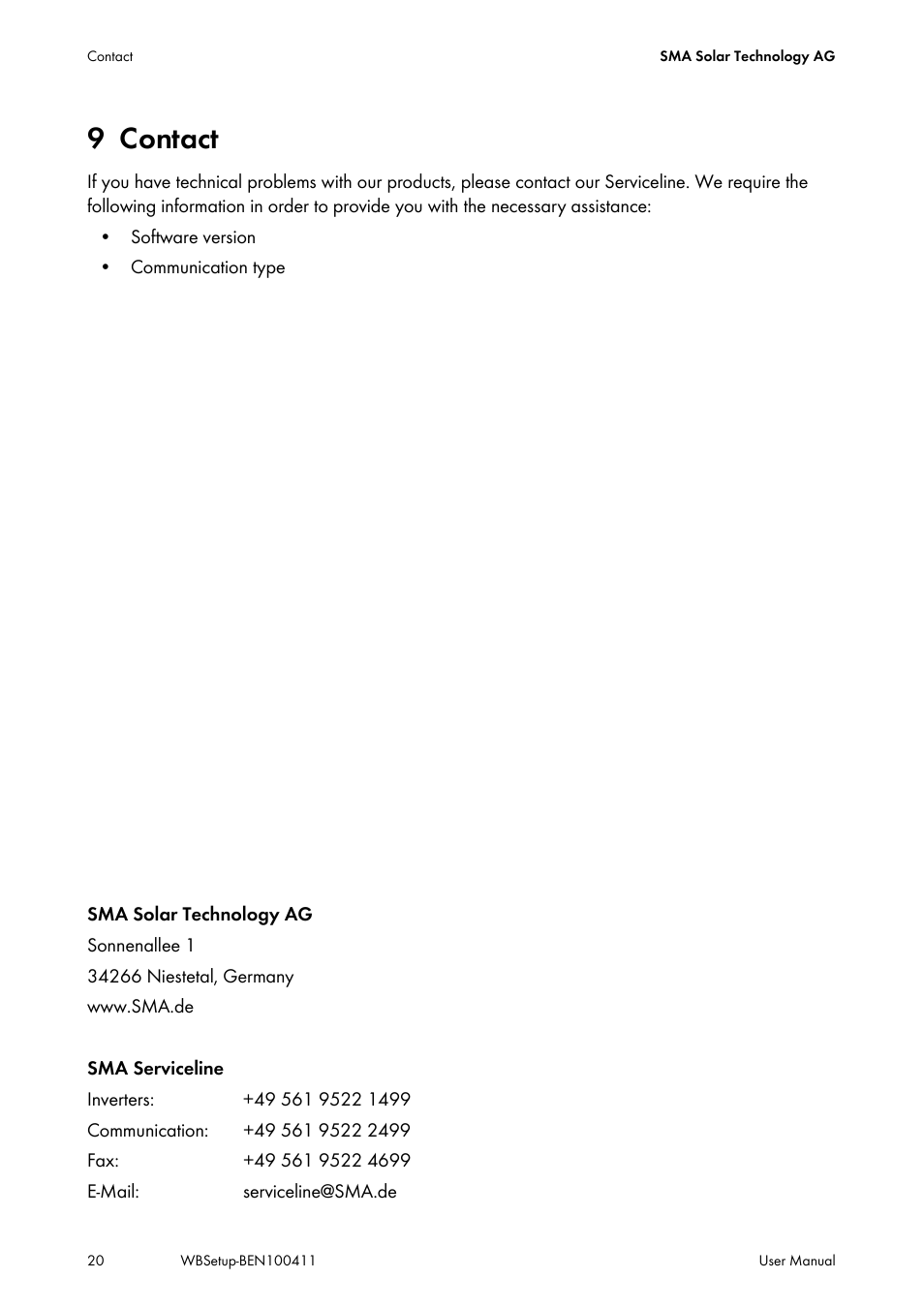 9 contact, Contact | SMA WINDY BOY User Manual | Page 20 / 22