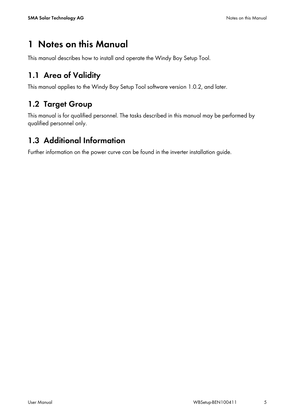 1 notes on this manual, 1 area of validity, 2 target group | 3 additional information, Notes on this manual, Area of validity, Target group, Additional information | SMA WINDY BOY User Manual | Page 5 / 22