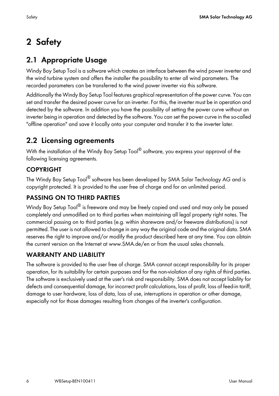 2 safety, 1 appropriate usage, 2 licensing agreements | Safety, Appropriate usage, Licensing agreements | SMA WINDY BOY User Manual | Page 6 / 22