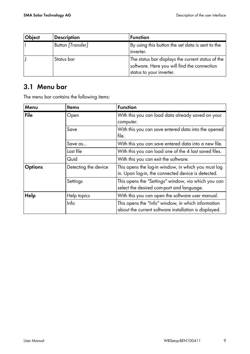 1 menu bar, Menu bar | SMA WINDY BOY User Manual | Page 9 / 22