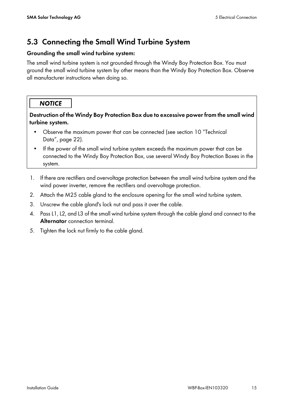 3 connecting the small wind turbine system, Connecting the small wind turbine system | SMA WBP-Box User Manual | Page 15 / 28