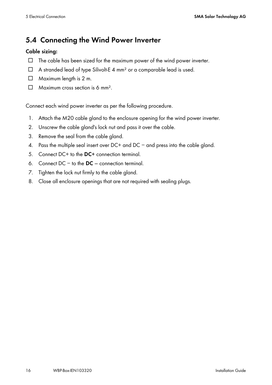 4 connecting the wind power inverter, Connecting the wind power inverter | SMA WBP-Box User Manual | Page 16 / 28