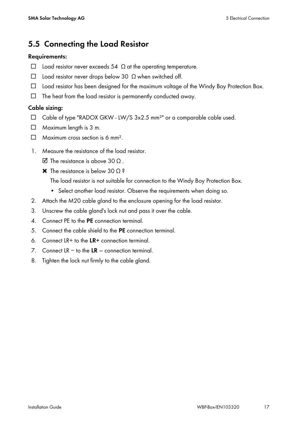 5 connecting the load resistor, Connecting the load resistor | SMA WBP-Box User Manual | Page 17 / 28