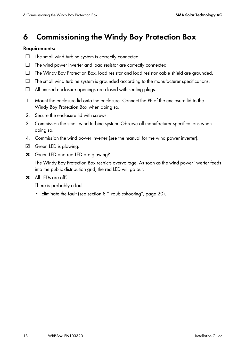 6 commissioning the windy boy protection box, Commissioning the windy boy protection box | SMA WBP-Box User Manual | Page 18 / 28