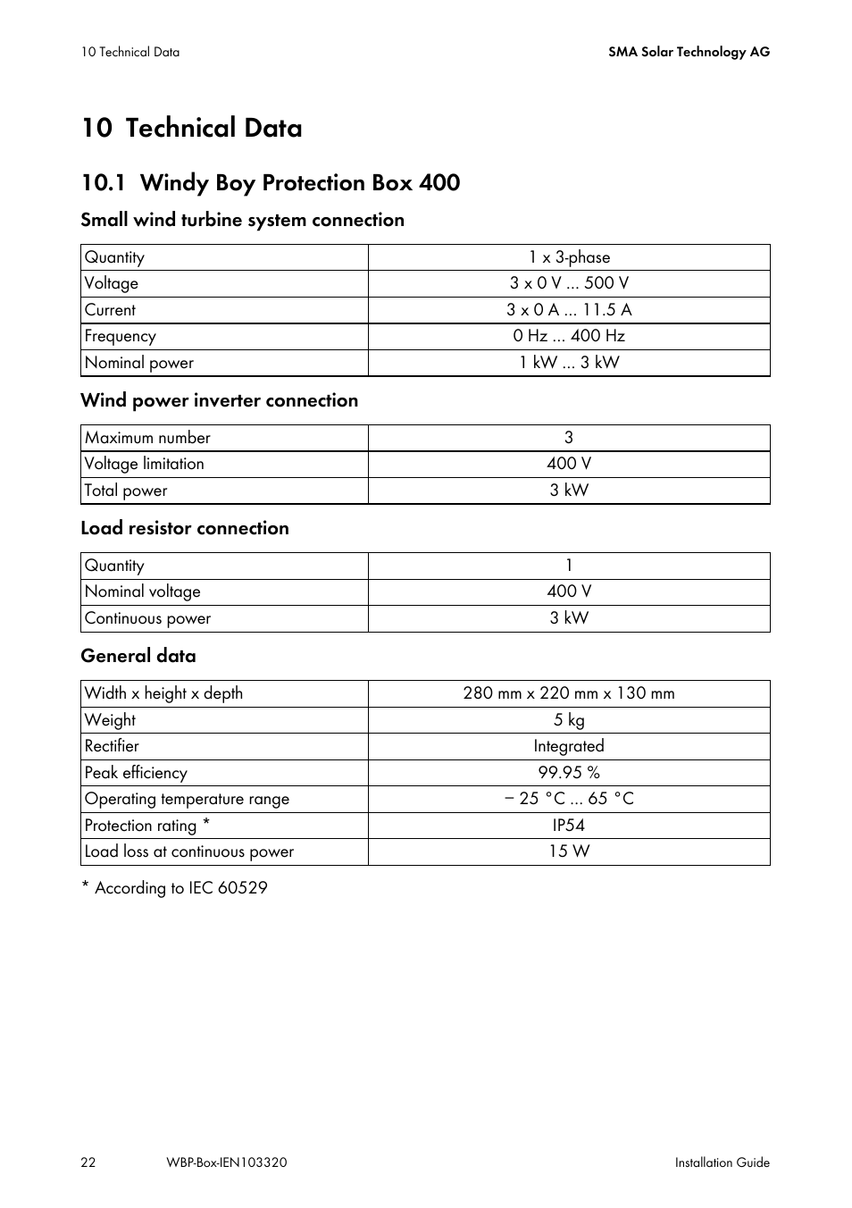 10 technical data, 1 windy boy protection box 400, Technical data | Windy boy protection box 400 | SMA WBP-Box User Manual | Page 22 / 28