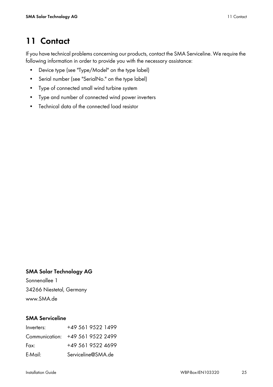 11 contact, Contact | SMA WBP-Box User Manual | Page 25 / 28