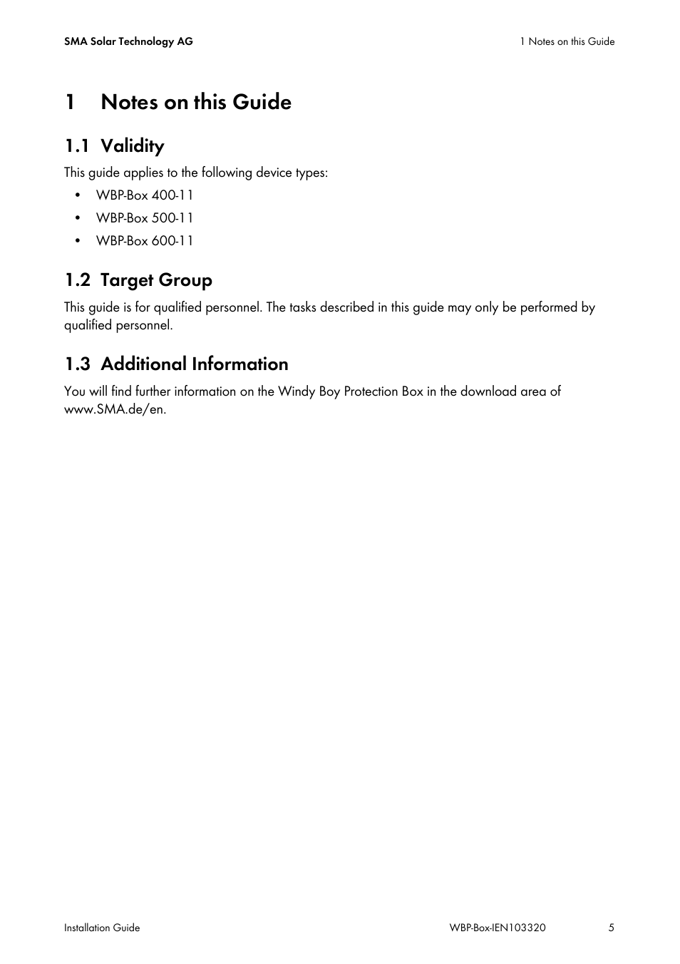 1 notes on this guide, 1 validity, 2 target group | 3 additional information, Notes on this guide, Validity, Target group, Additional information | SMA WBP-Box User Manual | Page 5 / 28