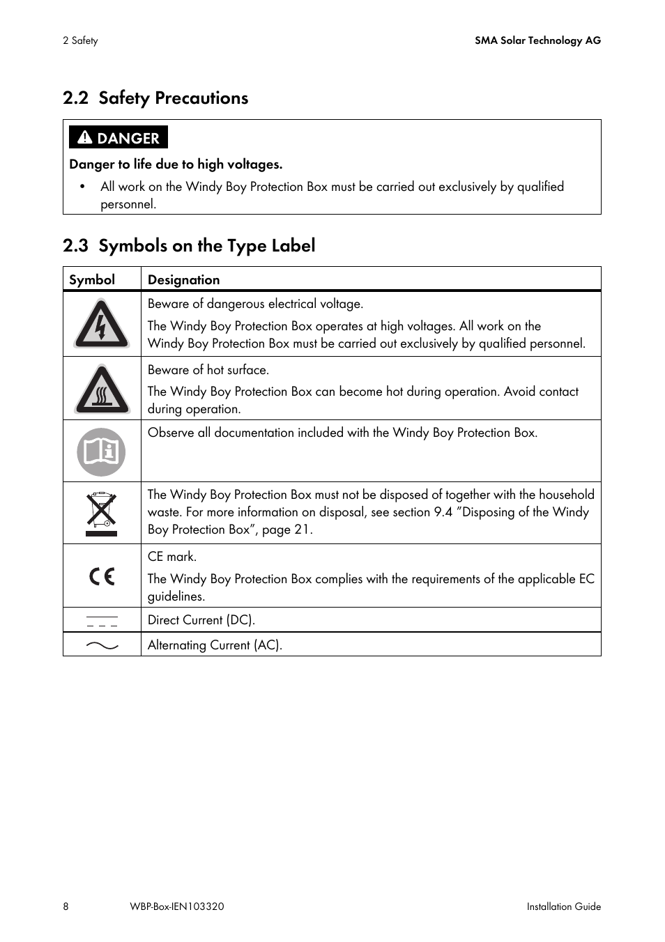 2 safety precautions, 3 symbols on the type label, Safety precautions | Symbols on the type label, 2 safety precautions 2.3 symbols on the type label | SMA WBP-Box User Manual | Page 8 / 28