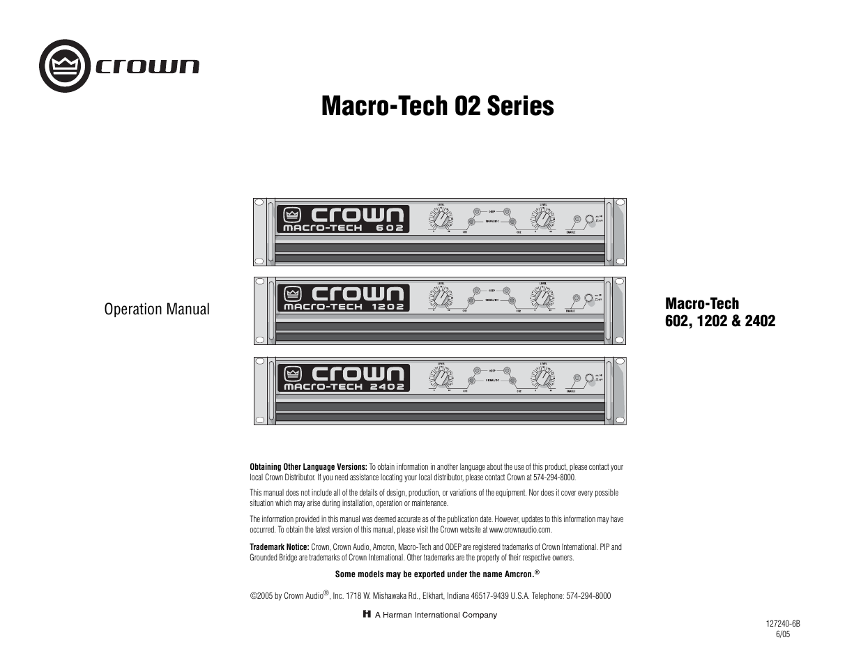 Crown Audio MA-1202 User Manual | 36 pages