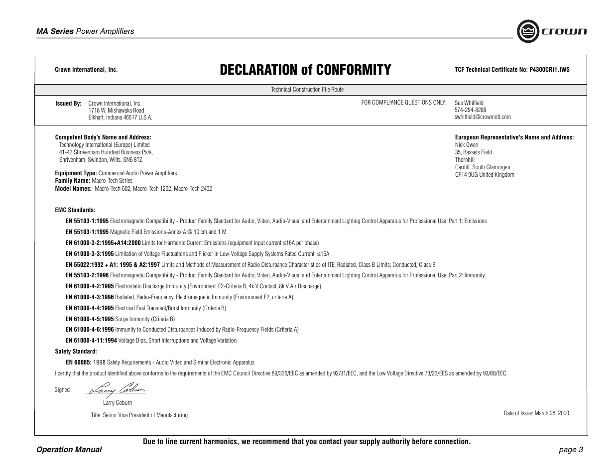 Declaration of conformity | Crown Audio MA-1202 User Manual | Page 3 / 36