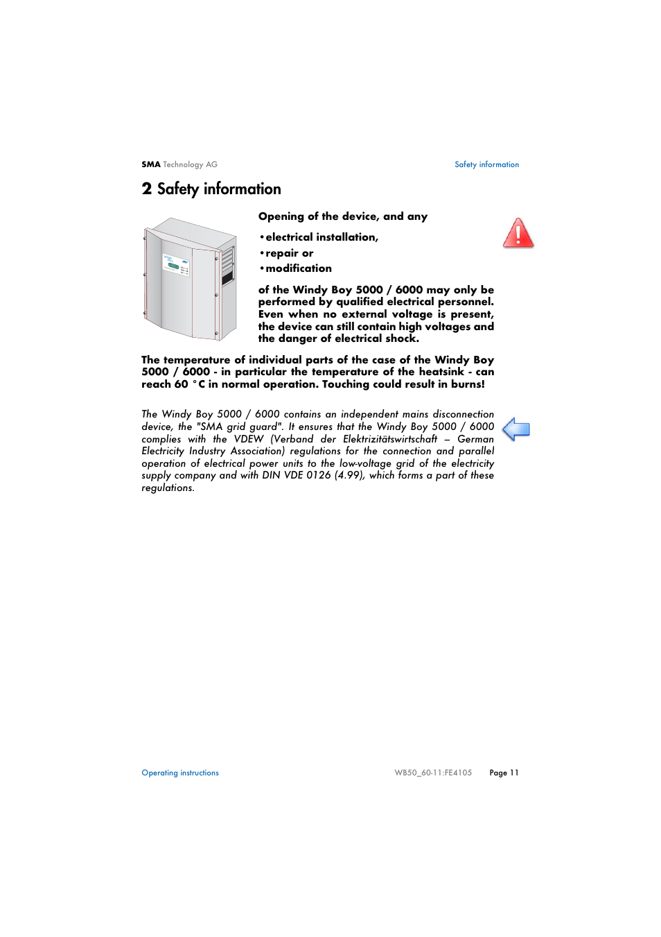 2 safety information, Safety information, 2safety information | SMA WB 5000 User Manual | Page 11 / 70
