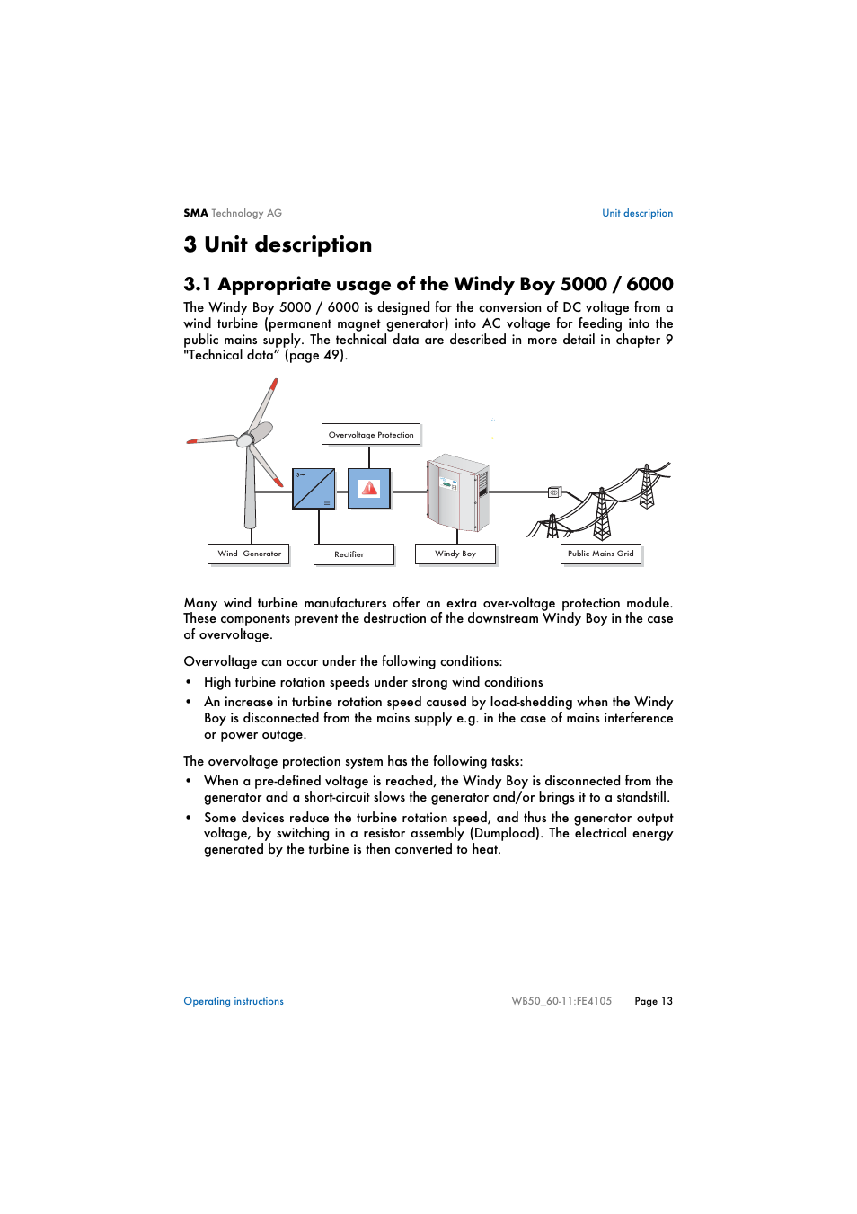 3 unit description, 1 appropriate usage of the windy boy 5000 / 6000, Unit description | Appropriate usage of the windy boy 5000 / 6000 | SMA WB 5000 User Manual | Page 13 / 70