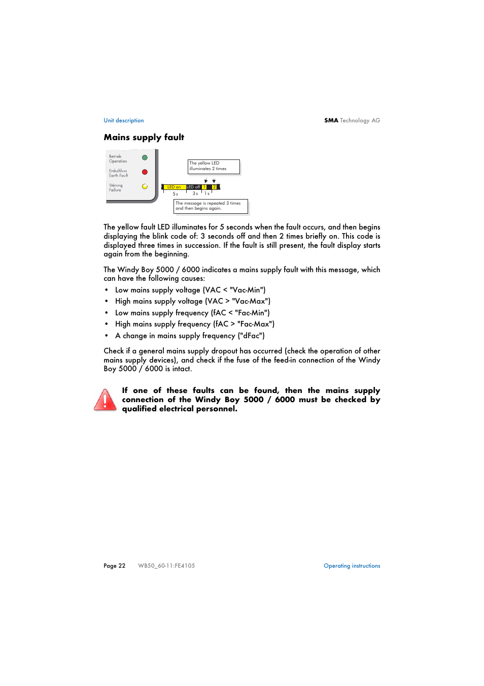 Mains supply fault | SMA WB 5000 User Manual | Page 22 / 70