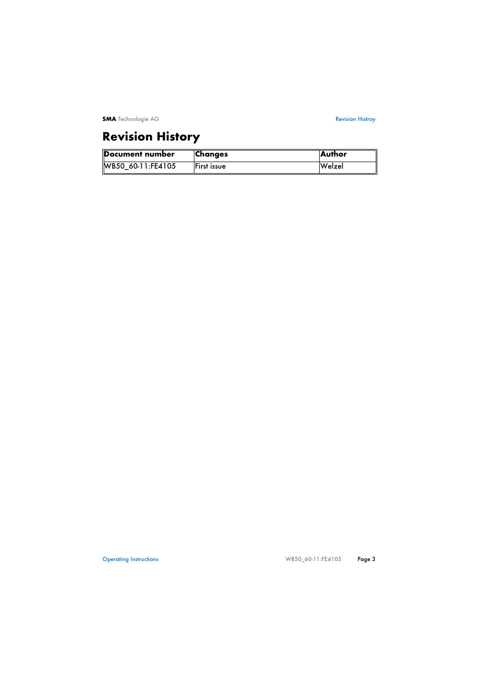 Revision history | SMA WB 5000 User Manual | Page 3 / 70