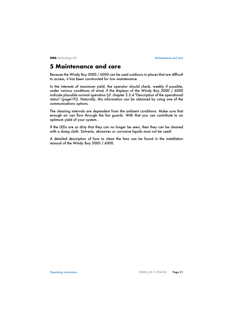 5 maintenance and care, Maintenance and care | SMA WB 5000 User Manual | Page 31 / 70