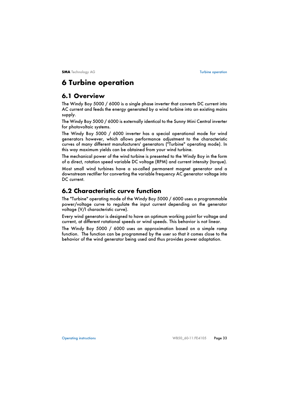 6 turbine operation, 1 overview, 2 characteristic curve function | Turbine operation, Overview, Characteristic curve function | SMA WB 5000 User Manual | Page 33 / 70