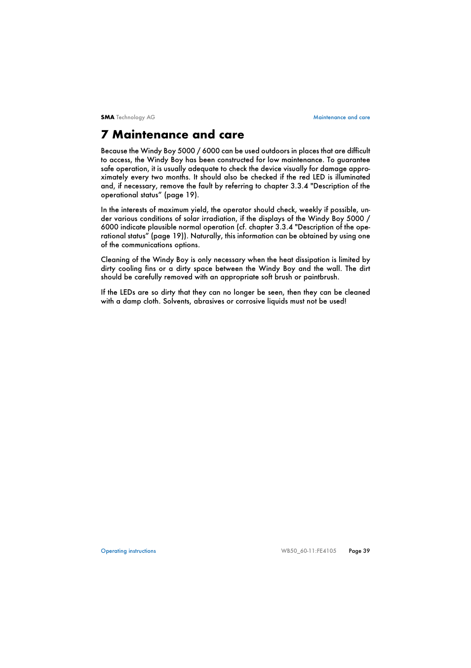 7 maintenance and care, Maintenance and care | SMA WB 5000 User Manual | Page 39 / 70