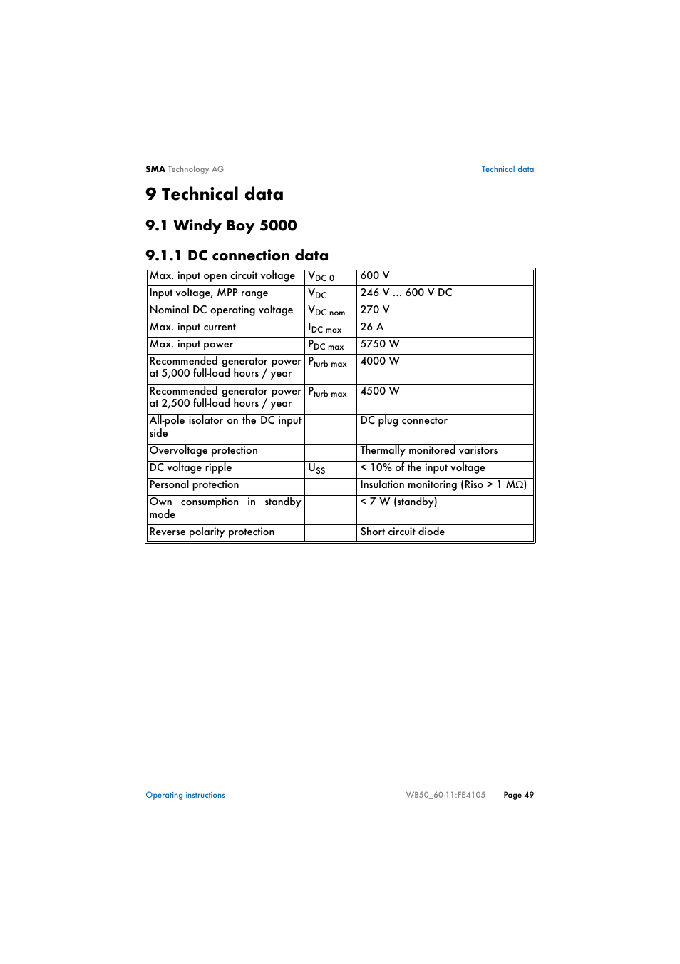 9 technical data, 1 windy boy 5000, 1 dc connection data | Technical data, Windy boy 5000, Dc connection data | SMA WB 5000 User Manual | Page 49 / 70