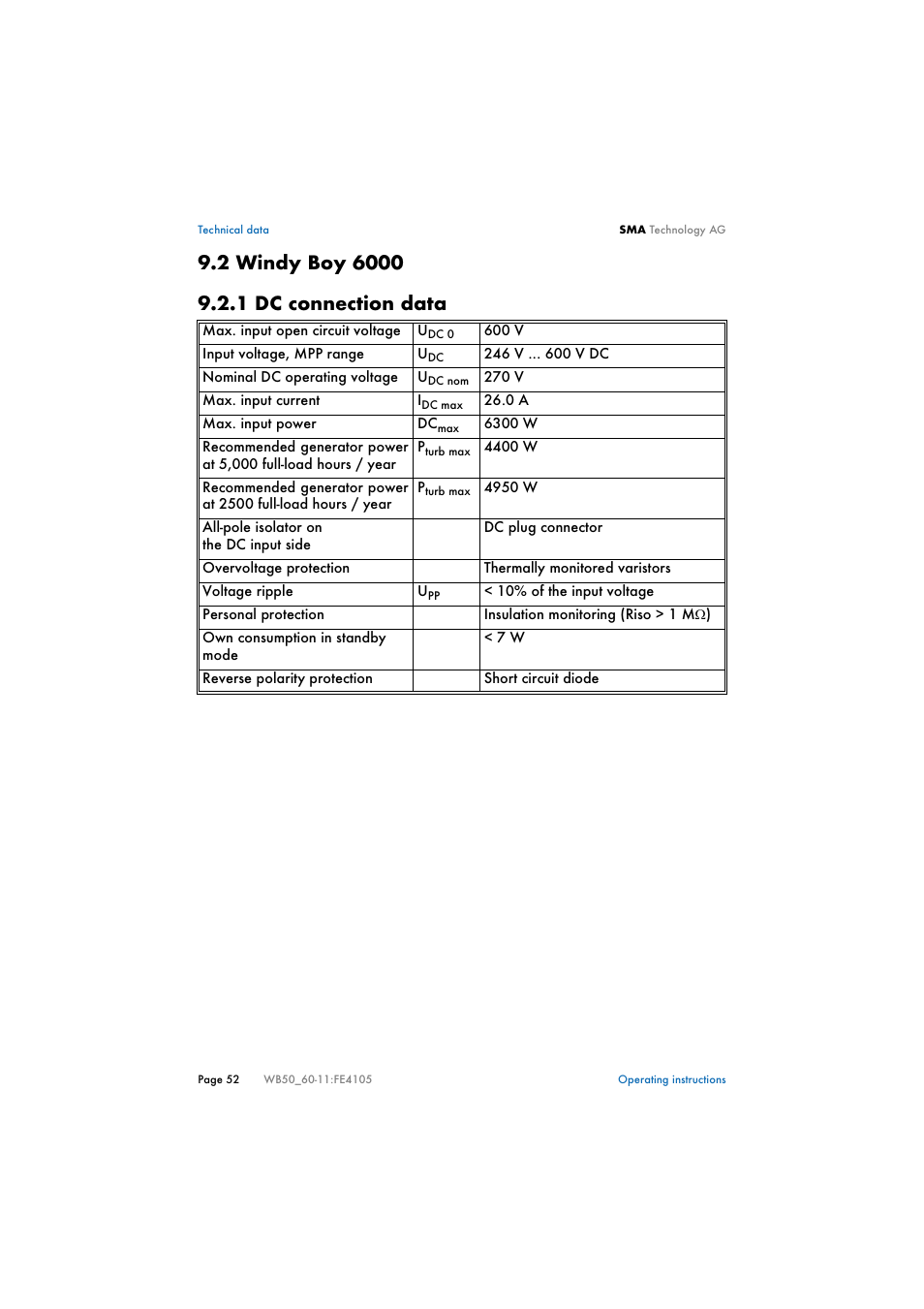 2 windy boy 6000, 1 dc connection data, Windy boy 6000 | Dc connection data | SMA WB 5000 User Manual | Page 52 / 70