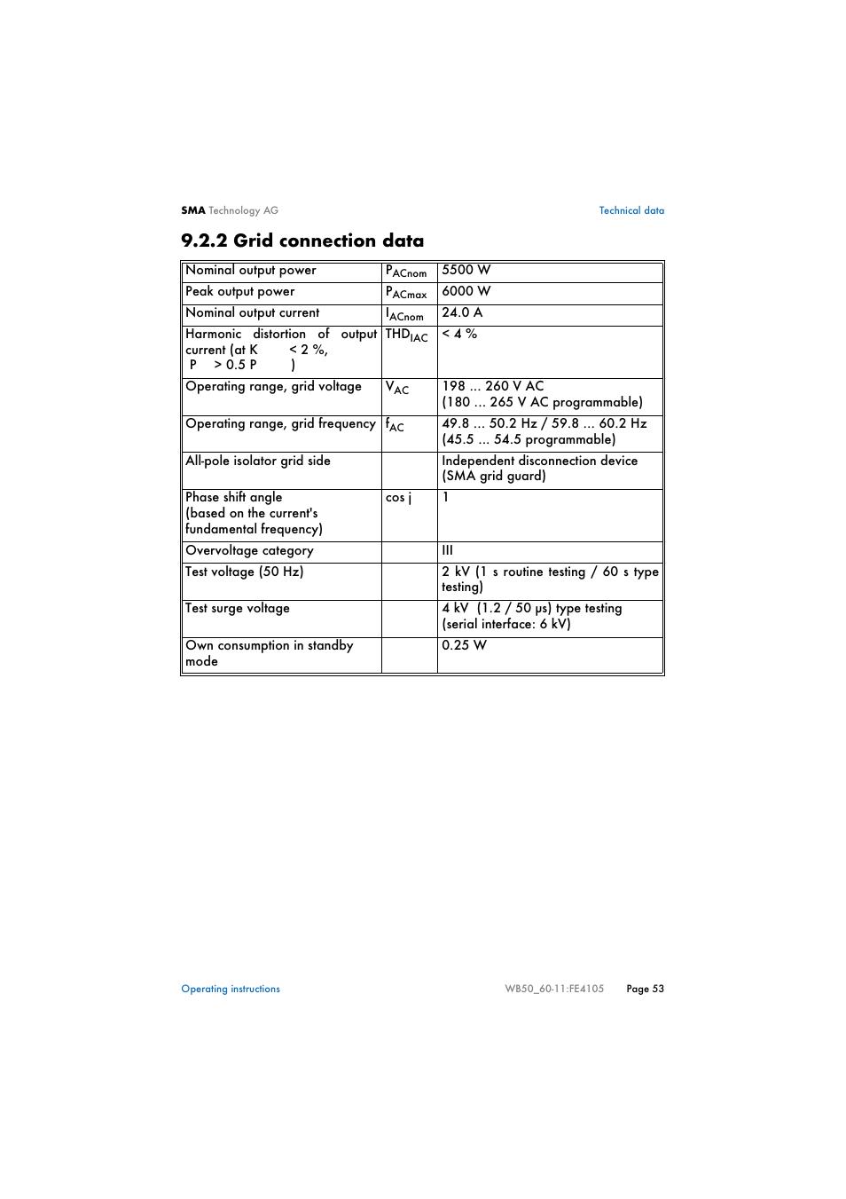 2 grid connection data, Grid connection data | SMA WB 5000 User Manual | Page 53 / 70