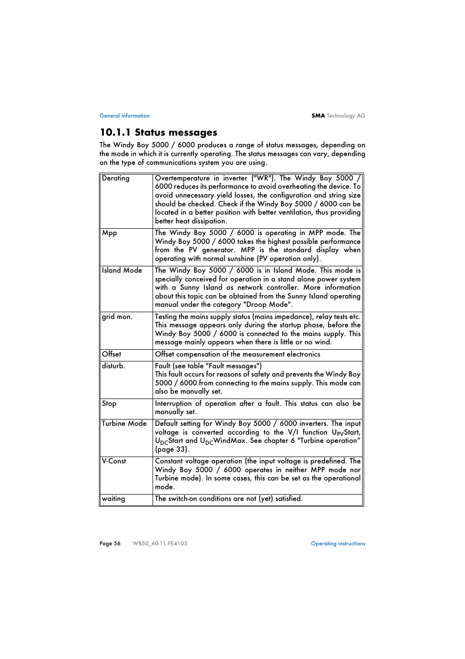 1 status messages, Status messages | SMA WB 5000 User Manual | Page 56 / 70