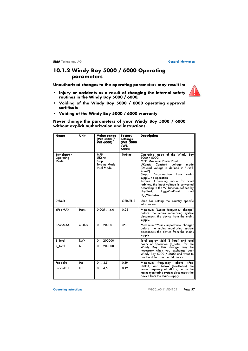 2 windy boy 5000 / 6000 operating parameters, Windy boy 5000 / 6000 operating parameters | SMA WB 5000 User Manual | Page 57 / 70