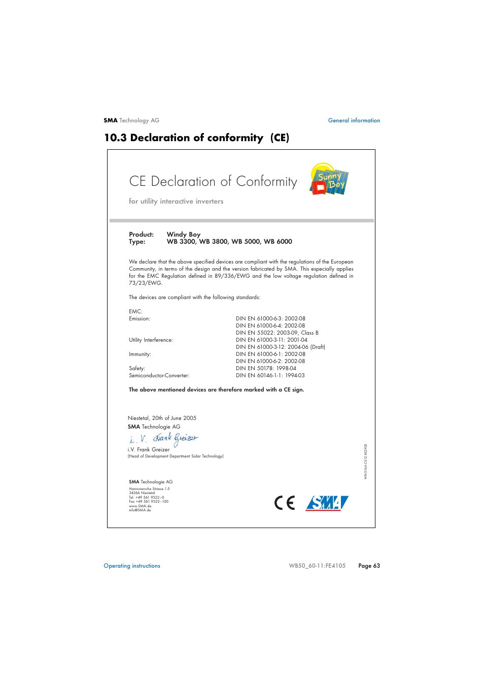 3 declaration of conformity (ce), Declaration of conformity (ce), Ce declaration of conformity | SMA WB 5000 User Manual | Page 63 / 70